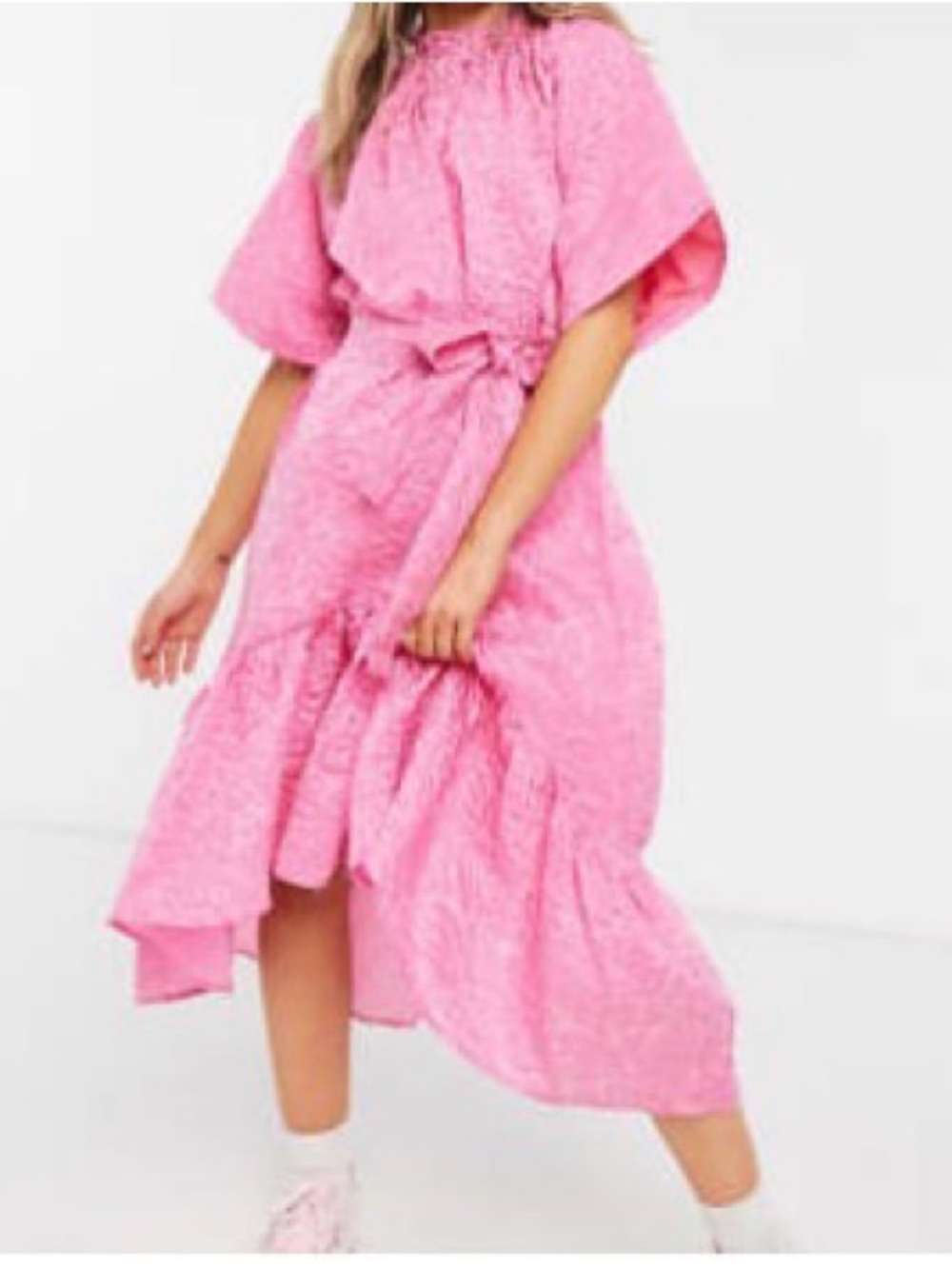 Pink Tiered Midi Dress with Smocked Neck and Tie Waist